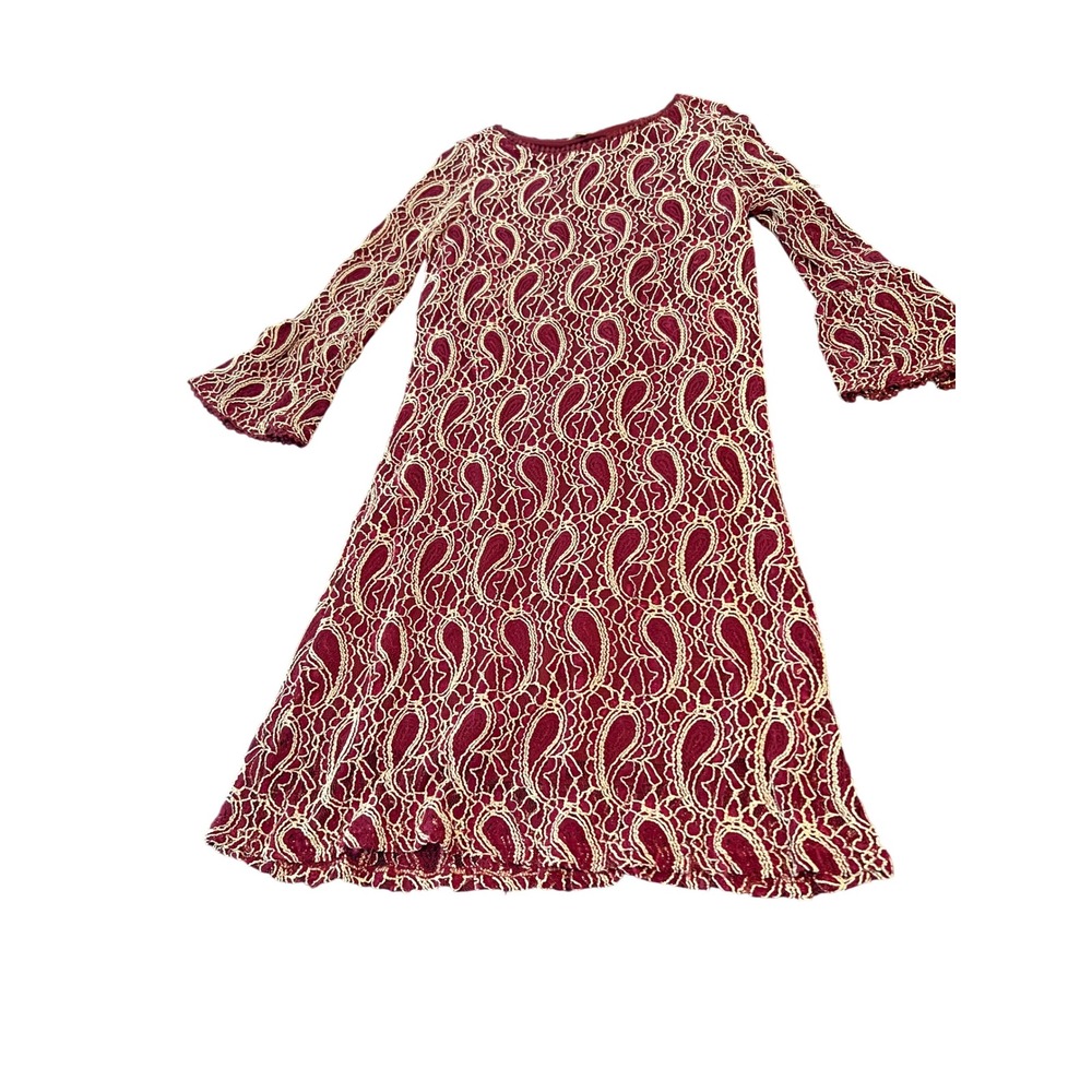 Haani‎ Burgundy Paisley Lace Bell Sleeve A-Line Dress Large Maroon Cream Overlay